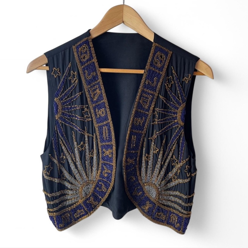 Vintage Black, Blue & Gold Beaded Astrology Vest